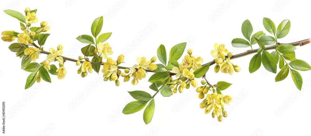 Siberian peashrub branch with yellow flowers and green leaves, isolated on a white background.