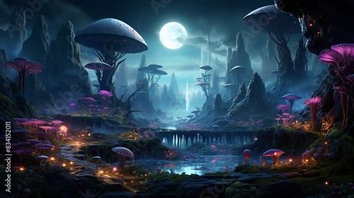 A futuristic landscape with alien plants and glowing neon colors    © Awais