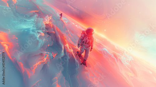 Colorful space scene with two astronauts on skateboards. Skateboarding in the cosmos  colorful clouds