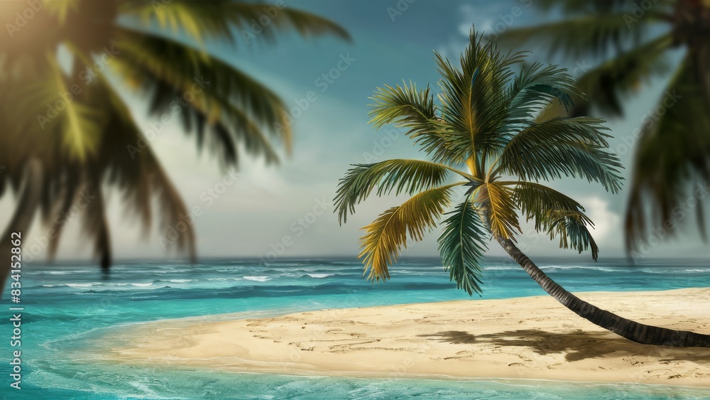 A picture of a palm tree on the beach next to water, AI