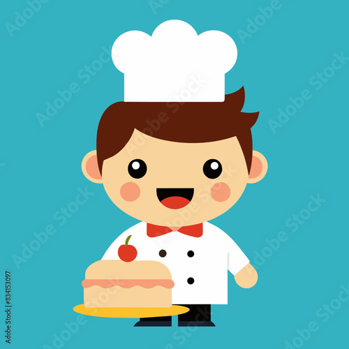 cartoon realistic isolated illustration of happy cute little kid boy wear chef uniform and cooking a birthday cake