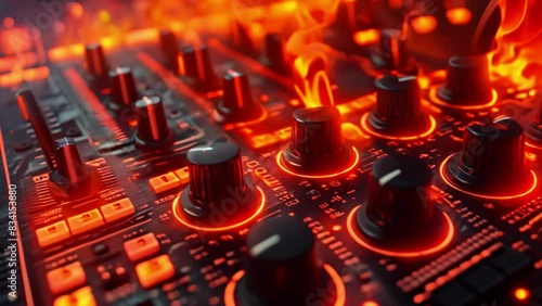 Detailed view of a sound board covered in numerous knobs and switches.