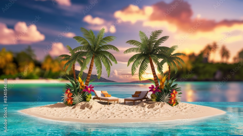 A small island with two chairs and a palm tree in the middle, AI