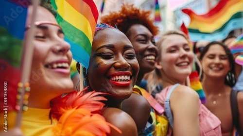 group of people of different ethnicities with the LGBT flag giving each other a hug