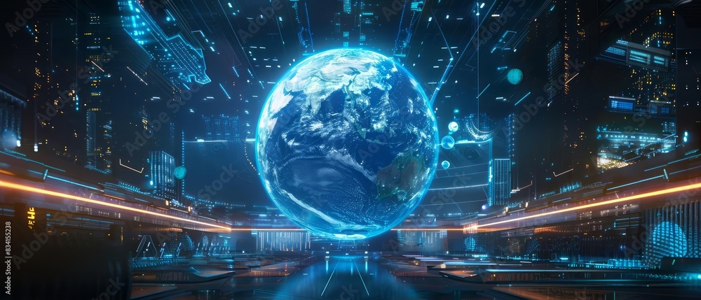 Design a futuristic 3D globe with information flowing seamlessly between continents Design a futuristic 3D globe with information flowing seamlessly between continents