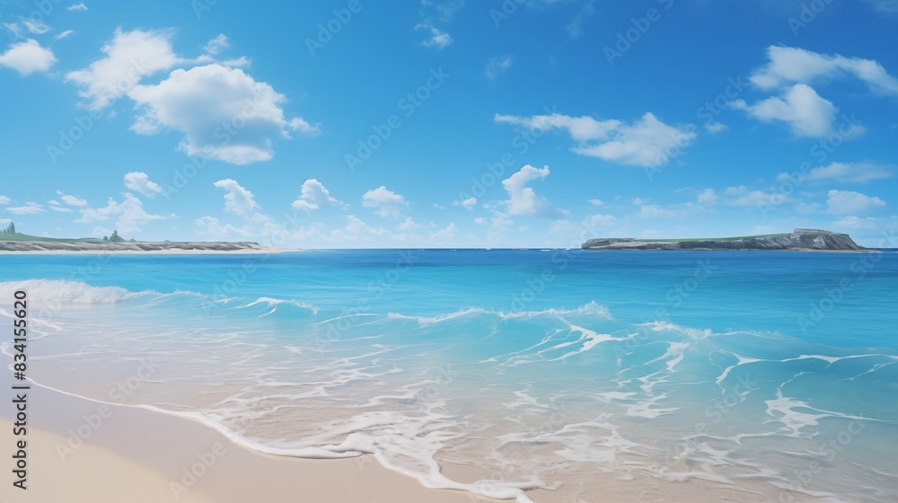 Serene Beach with Clear Blue Waters, Sandy Shoreline, and Bright Sky Serene Beach with Clear Blue Waters, Sandy Shoreline, and Bright Sky