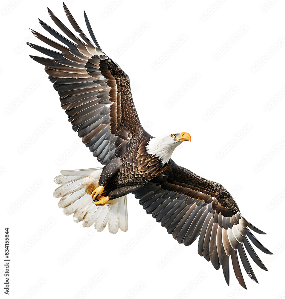 Bald eagle flying up on transparent isolated background