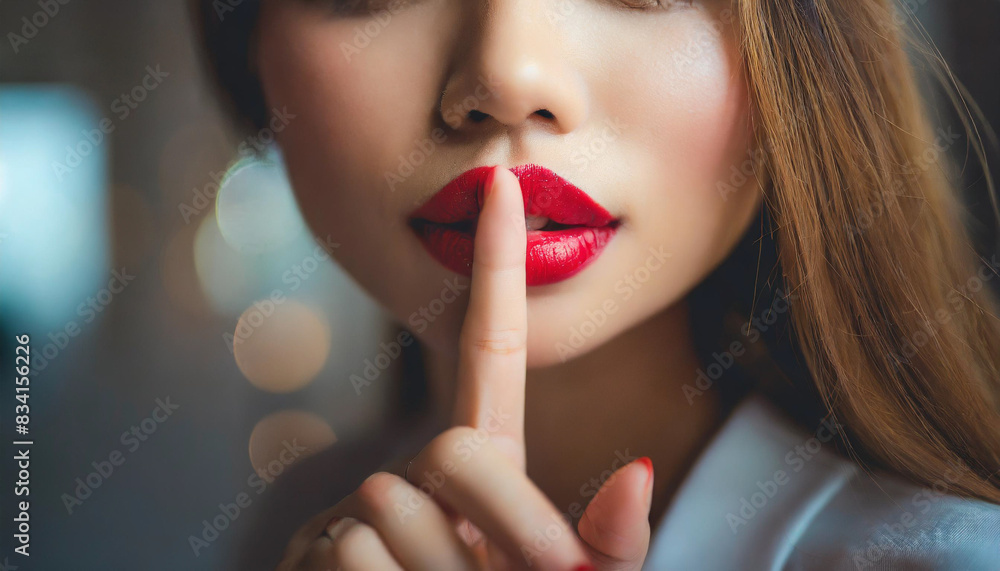 woman's red, sexy puckered lips biting slightly, her finger to her mouth signaling for silence. The close-up emphasizes sensuality and mystery woman's red, sexy puckered lips biting slightly, her finger to her mouth signaling for silence. The close-up emphasizes sensuality and mystery