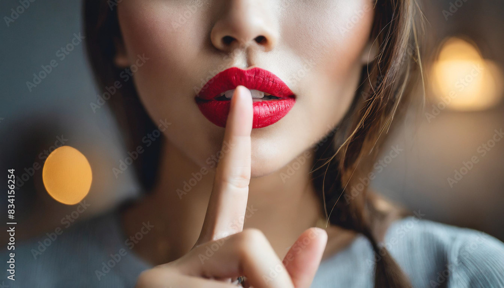 woman's red, sexy puckered lips biting slightly, her finger to her mouth signaling for silence. The close-up emphasizes sensuality and mystery woman's red, sexy puckered lips biting slightly, her finger to her mouth signaling for silence. The close-up emphasizes sensuality and mystery