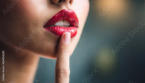 woman's red, sexy puckered lips biting slightly, her finger to her mouth signaling for silence. The close-up emphasizes sensuality and mystery photo