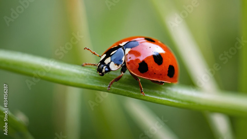 Ladybug on a leaf close up, with grass background blurred