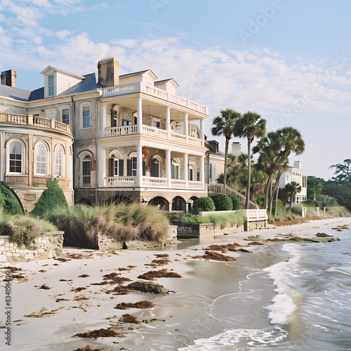 Stately homes sit along the shoreline of the alantic ocean near charleston, south carolina, usa isolated on white background, text area, png
 photo