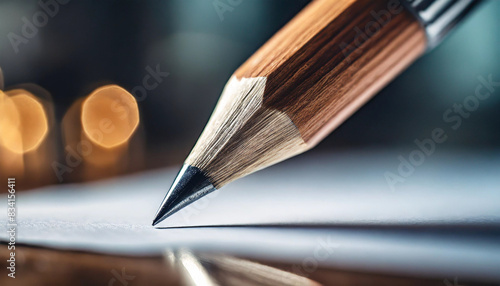 pencil nib writing on paper, capturing the precise moment of contact and the delicate details of graphite lines, symbolizing creativity, expression, and the power of the written word