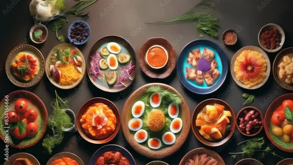 A vibrant assortment of Mediterranean dishes displayed on a table, capturing a mix of fresh vegetables, eggs, meats, and herbs. Colorful array showcases a celebration of diverse culinary traditions A vibrant assortment of Mediterranean dishes displayed on a table, capturing a mix of fresh vegetables, eggs, meats, and herbs. Colorful array showcases a celebration of diverse culinary traditions