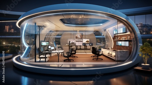 A futuristic office with smart glass walls  touch-screen interfaces  and sleek  modern furniture  