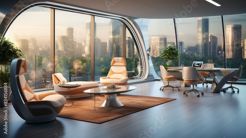A futuristic office with smart glass walls, touch-screen interfaces, and sleek, modern furniturev  photo