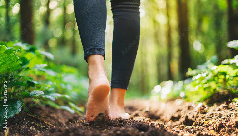 woman stands barefoot on forest soil, connecting with nature. Her bare feet symbolize freedom, grounding, and a deep connection to the earth, surrounded by the serenity of the forest outdoors woman stands barefoot on forest soil, connecting with nature. Her bare feet symbolize freedom, grounding, and a deep connection to the earth, surrounded by the serenity of the forest outdoors