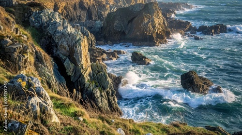 A rugged coastline with cliffs and crashing waves against the rocky shore.