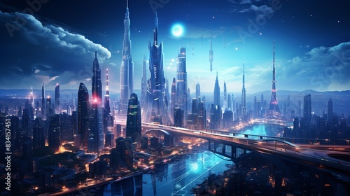 A futuristic sci-fi city with neon lights and flying vehicles  