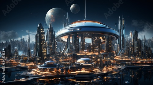 A futuristic sci-fi city with neon lights and flying vehicles 