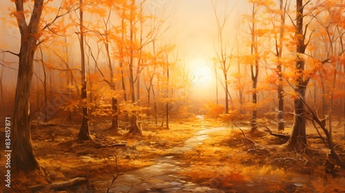 Autumn forest in a fog at sunrise, panoramic view © I