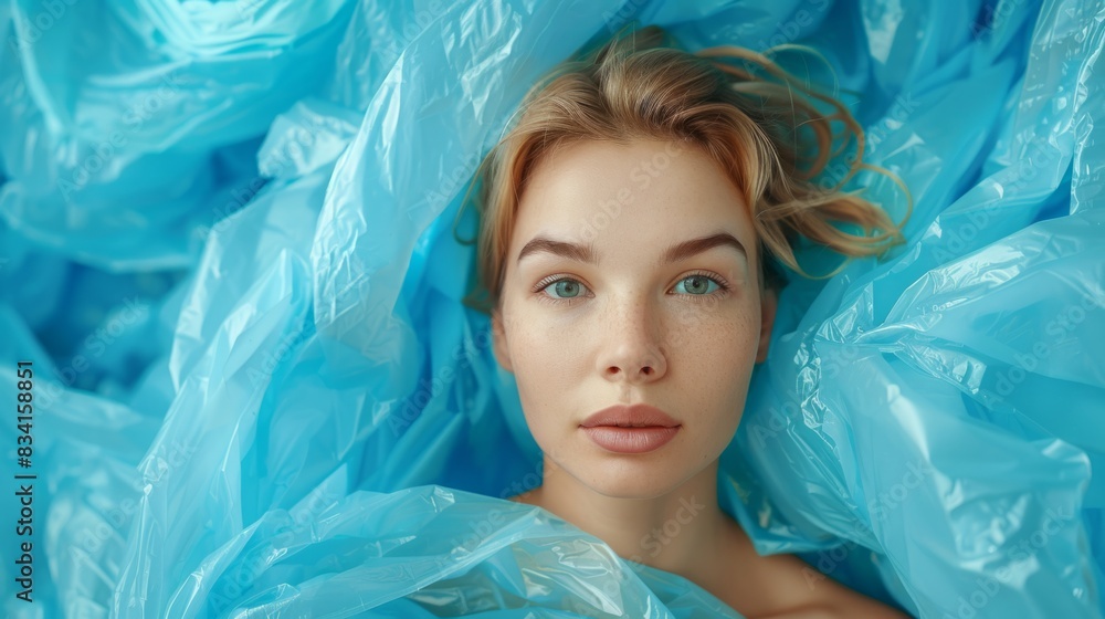 Portrait of a young woman wrapped in blue plastic, symbolizing environmental issues, environmental concerns and plastic surgery. Portrait of a young woman wrapped in blue plastic, symbolizing environmental issues, environmental concerns and plastic surgery.