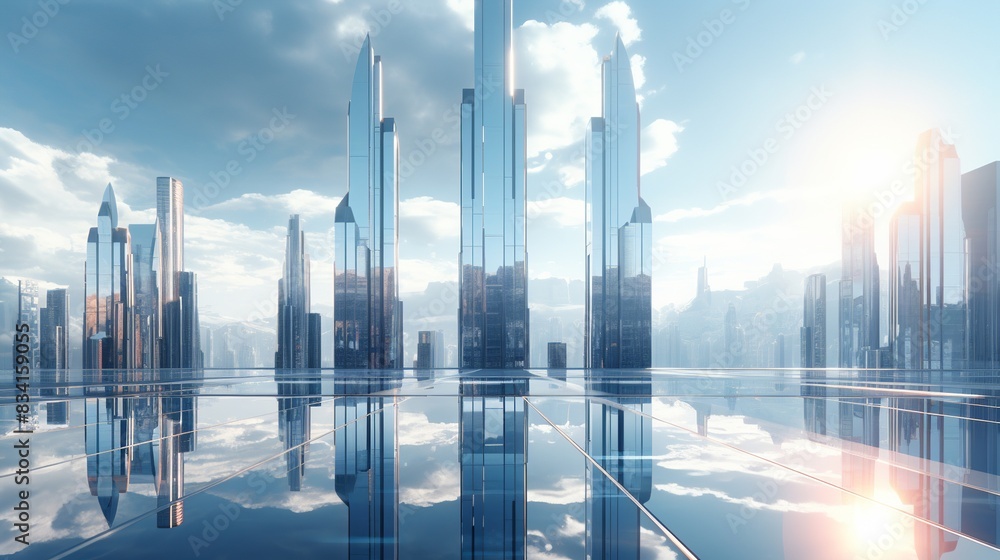 A futuristic skyscraper with a sleek design and reflective surfaces  