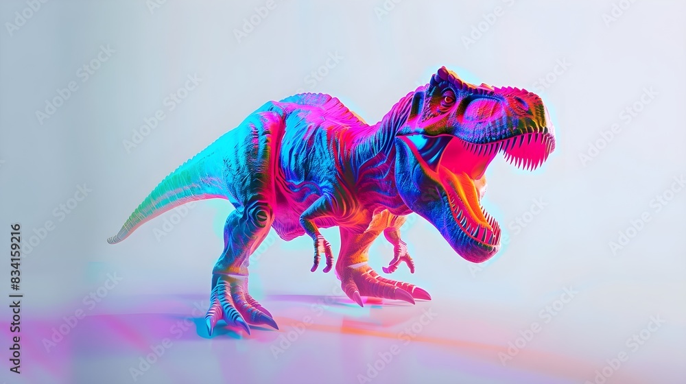 Fototapeta premium 3D Holographic Virtual Reality Red and Blue T-Rex Dinosaur Predator Isolated On White Background (Generative AI)