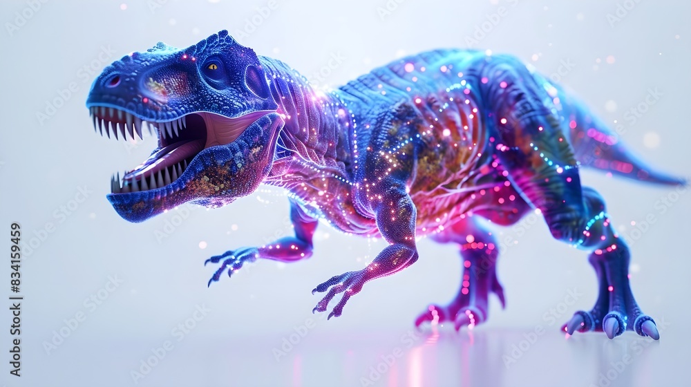 3D Holographic Virtual Reality Red and Blue T-Rex Dinosaur Predator Isolated On White Background (Generative AI) 3D Holographic Virtual Reality Red and Blue T-Rex Dinosaur Predator Isolated On White Background (Generative AI)