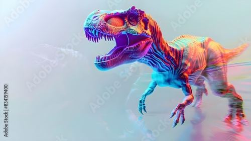 Fototapeta Naklejka Na Ścianę i Meble -  3D Holographic Virtual Reality Red and Blue T-Rex Dinosaur Predator Isolated On White Background (Generative AI)