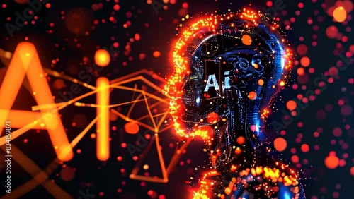 Letters Ai over Futuristic humanoid with glowing network connections, digital artificial intelligence concept banner, technology and innovation businesses, data science and cybernetics industries photo