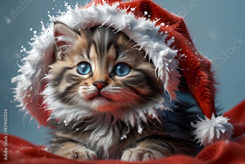 Cute kitten in a New Year's holiday hat in the snow, isolated on a blue background. New Year card