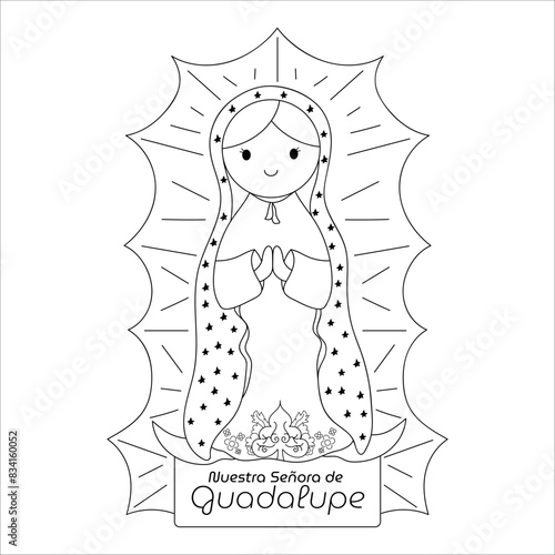 Virgen Nuestra Senora de Guadalupe Vector contorno silueta para colorear 