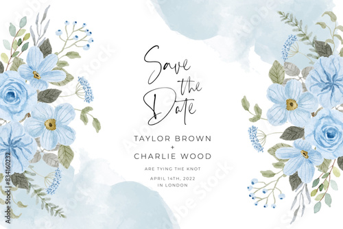 save the date with light soft blue watercolor floral frame