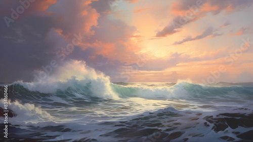 Majestic Ocean Waves Under a Colorful Sunset Skies
