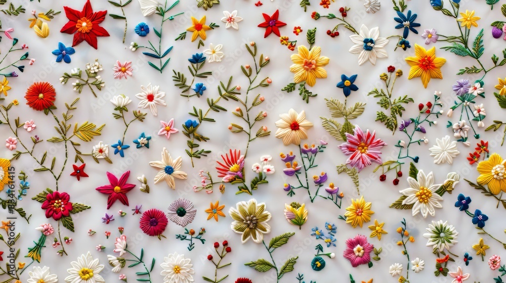 Fototapeta premium Flat surface design, embroidered flowers, lots of small flowers and leaves. 