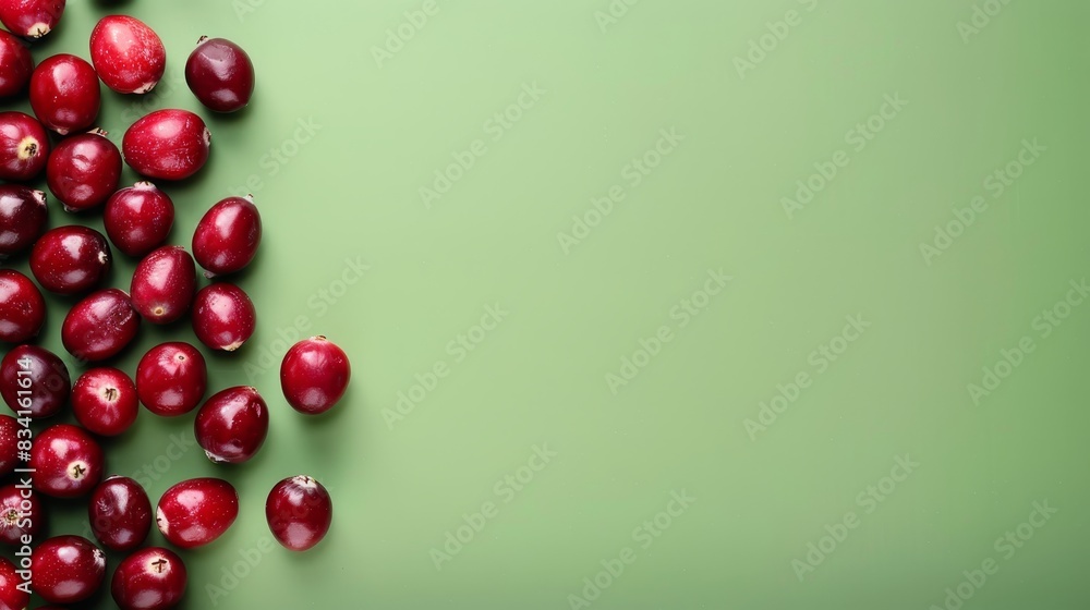 Fresh and sweet cranberries on a green background. Top view and copy space Fresh and sweet cranberries on a green background. Top view and copy space