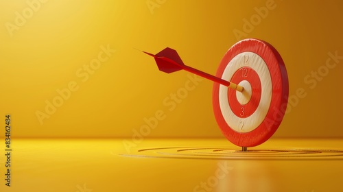 Red dart hitting the bullseye on a yellow target in a bright and vibrant setting. Concept of precision, accuracy, and success. Copy space. 