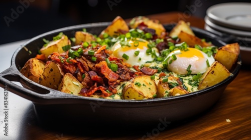 A hearty breakfast skillet with crispy bacon  scrambled eggs  and roasted potatoes 