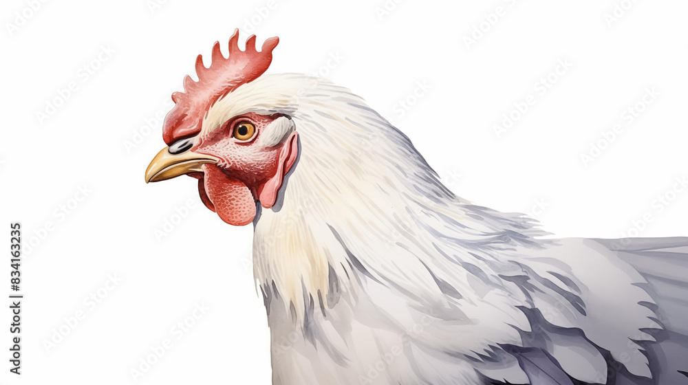 white chicken face water color illustration side view looking to the left on white background