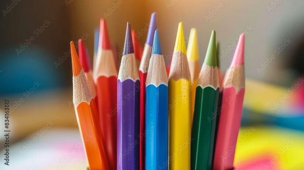Colorful pencils arranged in a row on a blurred background Colorful pencils arranged in a row on a blurred background