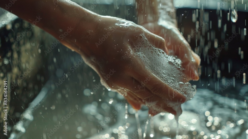 Fototapeta premium Washing hands under flowing water with soap bubbles