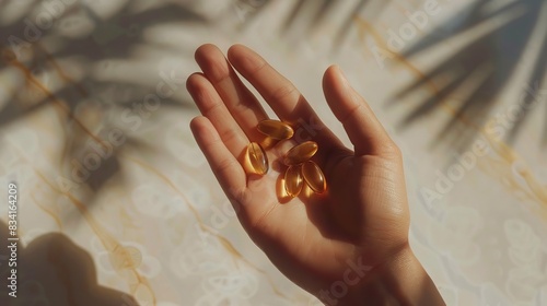 Woman holding omega-3 capsules in sunlight with shadows