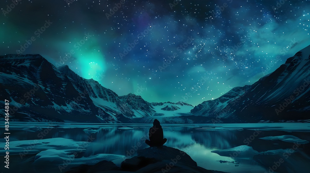 Traveler Meditating Doing Yoga In Northern Lights Aurora Borealis (Generative AI)
