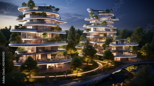 A high-tech residential complex with smart home features and green energy solutions 