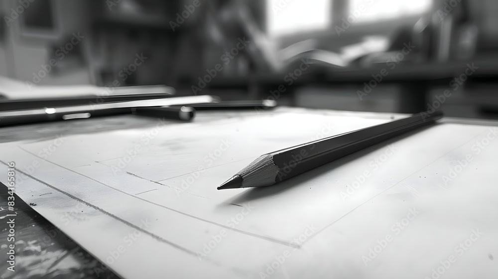 Close Up Of A Pencil On A Desk With Paper Underneath (Generative AI) Close Up Of A Pencil On A Desk With Paper Underneath (Generative AI)