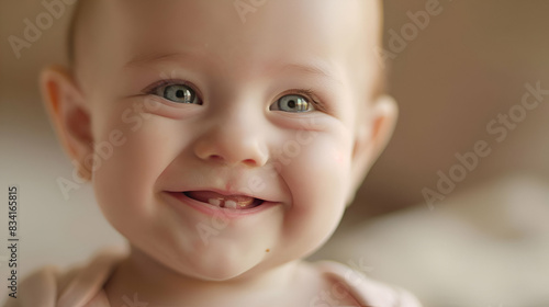 A baby with two teeth is happily smiling and gazing at the camera