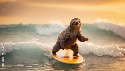 In the warm sunset, a sloth confidently rides a yellow surfboard over ocean waves