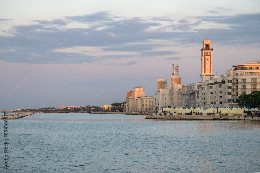 Sunset view of coastal street at city of Bari, Apulia Region, Italy