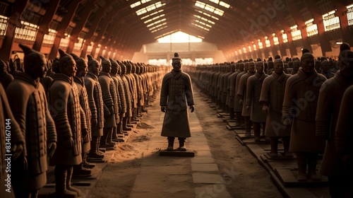 A historical scene of the Terracotta Army in Xi'an, with rows of life-sized clay soldiers standing in  photo
